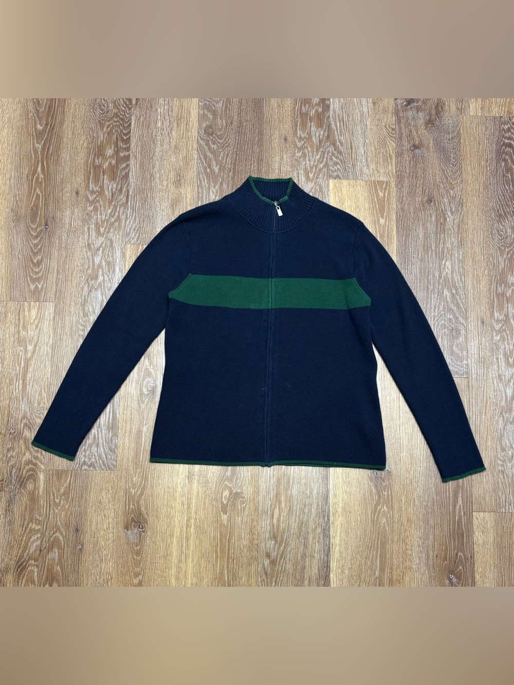 Liz Claiborne Navy Zip-Up Sweater with Green Stripe